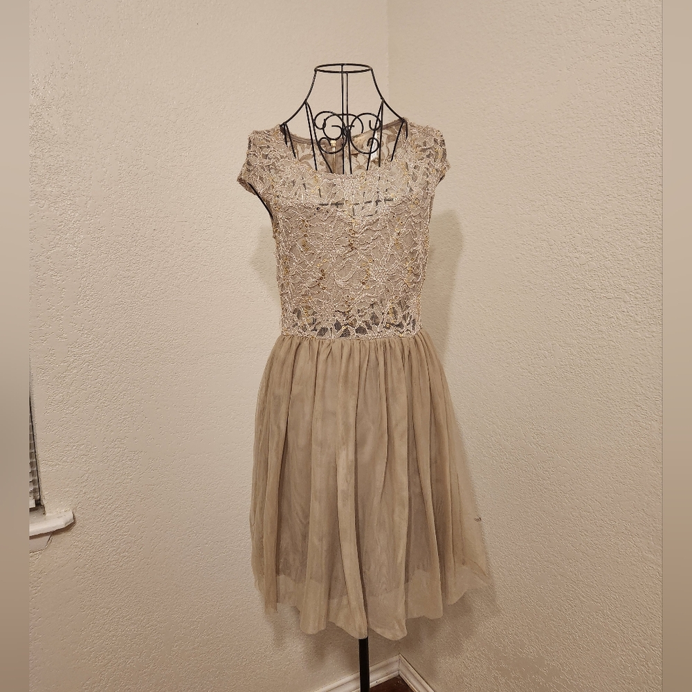 Mimi Chica Tan and Gold A-line Mini Dress for Weddings
